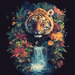 Poster - A majestic tiger's head surrounded by vibrant flowers and a waterfall in a lush jungle setting.