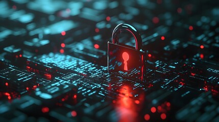 Poster - A digital lock symbolizing cybersecurity on a glowing circuit board, highlighting data protection and encryption concepts.