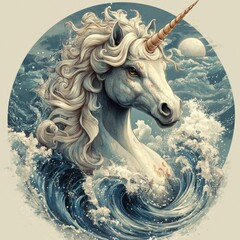 Sticker - A majestic unicorn emerging from turbulent ocean waves under a moonlit sky.