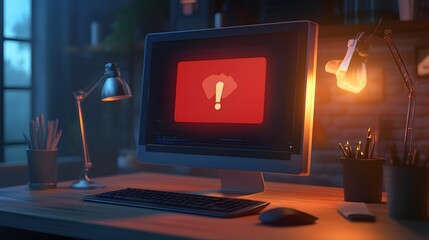 Fototapete - A modern workspace featuring a computer with an alert screen, warm lighting, and office supplies, creating an engaging atmosphere.
