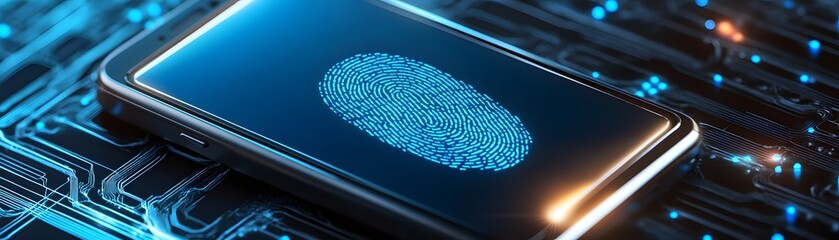 Poster - A modern smartphone displays a vibrant fingerprint on a futuristic circuit board, symbolizing security and technology.