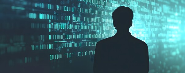 Poster - A silhouette of a person against a backdrop of digital data, symbolizing technology, analysis, and innovation in the data age.