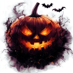 Wall Mural - A menacing Halloween pumpkin with glowing eyes and bats, evoking a spooky atmosphere.