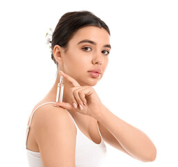 Poster - Beautiful young woman with ampule on white background