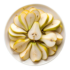 plate full off cutting pear top view isolated on transparent background