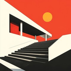 Poster - A minimalist architectural scene with stairs leading to a modern structure against a vibrant sunset.