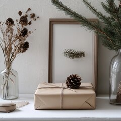 Sticker - A minimalist holiday scene featuring a wrapped gift, pinecones, and dried flowers.