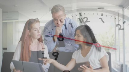 Poster - Animation of clock moving over diverse colleagues discussing work in office