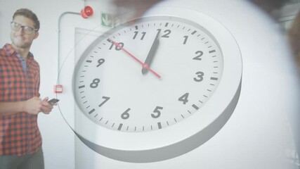 Canvas Print - Animation of clock moving over diverse colleagues discussing work in office