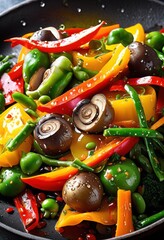 Wall Mural - close view vibrant stir fried vegetables showcasing colorful array fresh ingredients textures, peppers, carrots, broccoli, onions, garlic, zucchini