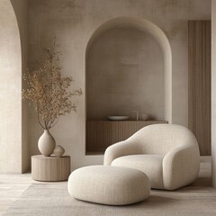 Wall Mural - A minimalist interior featuring a cozy chair, ottoman, and decorative elements.