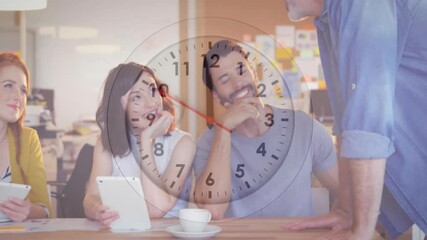 Poster - Animation of clock moving over diverse colleagues discussing work in office