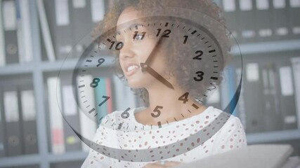 Poster - Animation of clock moving over biracial businesswoman talking in office