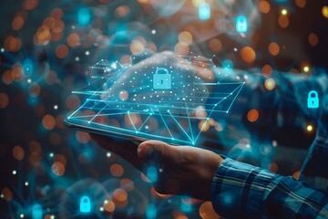 Poster - Digital Security Concept with Hands Holding a Tablet Surrounded by Lock Symbols