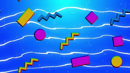 Poster - animation of colourful shapes over white lines on blue background
