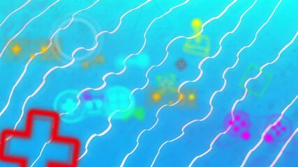 Poster - Animation of neon gaming icons over white lines on blue background