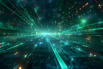 Poster - futuristic digital landscape with glowing lines and particles