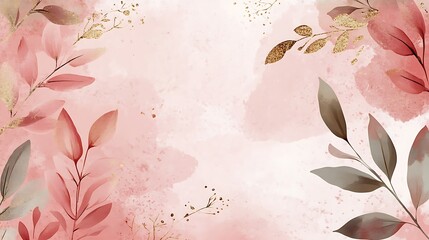 Wall Mural - Abstract art botanical pink background. Luxury wallpaper with pink and earth tone watercolor, leaf, flower, tree and gold glitter. Minimal Design for text, packaging, wall decoration. Generative Ai