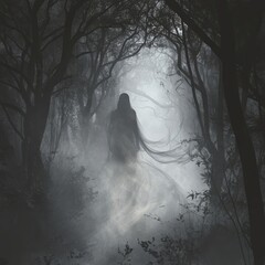 Poster - A mysterious figure shrouded in mist within a dark forest, evoking a sense of intrigue.