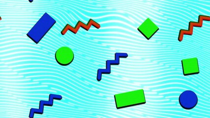 Poster - animation of colourful shapes over white lines on blue background