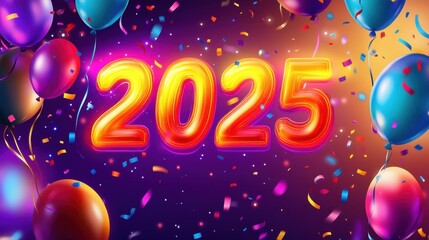 Colorful balloons and confetti create a festive backdrop celebrating the arrival of the New Year 2025 with vibrant energy