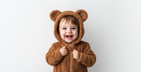 Smiling Baby in Bear Costume Isolated on White