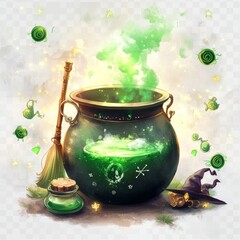 A mystical cauldron bubbling with green potion, surrounded by magical elements and a broom.