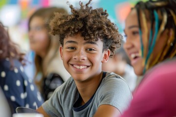 A young man with curly hair is smiling at the camera