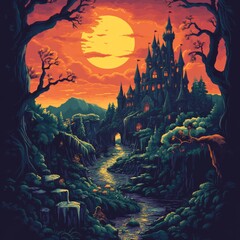 Wall Mural - A mystical landscape featuring a dark castle under a dramatic sunset.