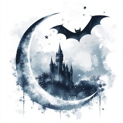 Sticker - A mystical night scene featuring a crescent moon, a castle, and a bat in a starry sky.