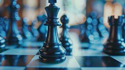 Chess pieces in a living room setting, focusing on strategic thinking and problem-solving during a game or competition