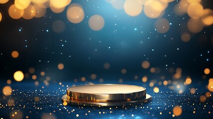 Empty podium golden on blue background with light neon effects with bokeh decorations. Luxury scene design concept. illustrations. Generative Ai