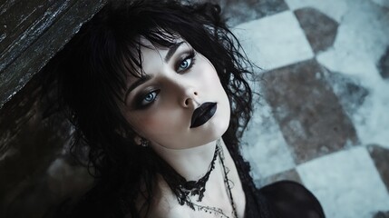 A woman with dark hair and black lipstick leaning against a wall.