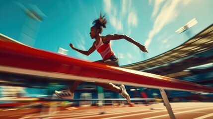 Group of women competing in a race, exhibiting speed and energy while jumping hurdles during outdoor training in a stadium