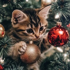 Sticker - A playful kitten explores a decorated Christmas tree, engaging with colorful ornaments.