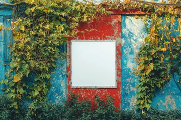 Blank Framed Advertisement on a Weathered Wall with Vines