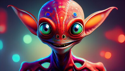 A funny red alien creature, appearing happy and in a portrait style. The alien has a photore 