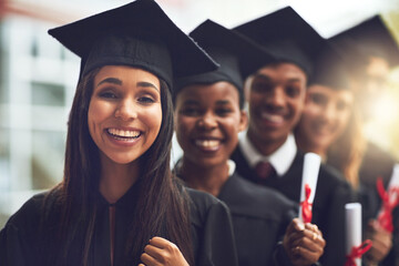 Graduation, college and portrait of students with diploma for achievement, smile and success in education. Certificate, friends and happy people on university campus with solidarity at award ceremony