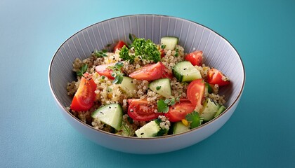 Wall Mural -  A portion of quinoa salad with diced cucumbers, tomatoes, and herbs, arranged neatly in a bo