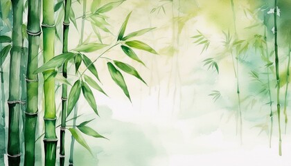 Wall Mural -  A single bamboo stalk with light green leaves against a softly blurred background of other b