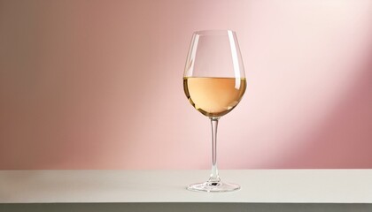 A sleek white wine glass filled with a light golden wine, set against a minimal, light-color