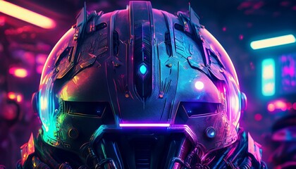 Sticker - Close-up detail of a futuristic warrior's helmet with iridescent colors, showing scratches a