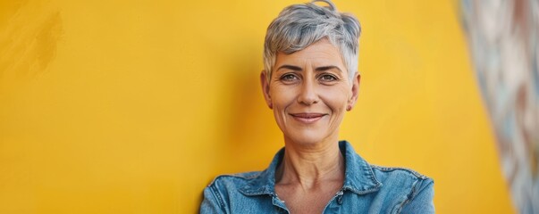 Wall Mural - A confident senior woman with a bright smile, standing against a yellow background in a casual denim jacket. Free copy space for banner.