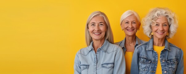 Wall Mural - A confident senior woman with a bright smile, standing against a yellow background in a casual denim jacket. Free copy space for banner.