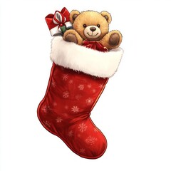 Poster - A red Christmas stocking filled with a teddy bear and a festive bow.