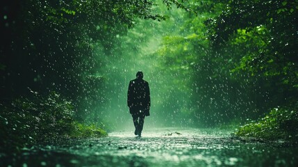 Poster - A solitary figure walks through a misty, rain-soaked forest path.