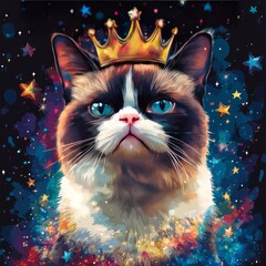 Wall Mural - A regal cat with a crown against a colorful cosmic background.