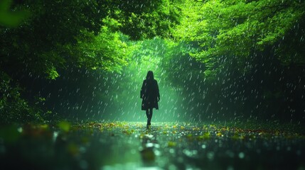 Canvas Print - A figure walks through a rain-soaked forest, surrounded by greenery.