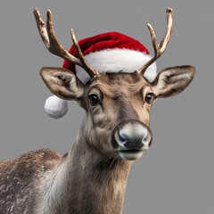 Sticker - A reindeer wearing a festive Santa hat against a gray background.