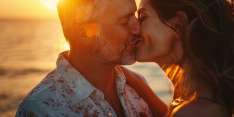 Sticker - pair enjoying a sunset kiss on the beach, relaxing together and celebrating their relationship during an outdoor adventure